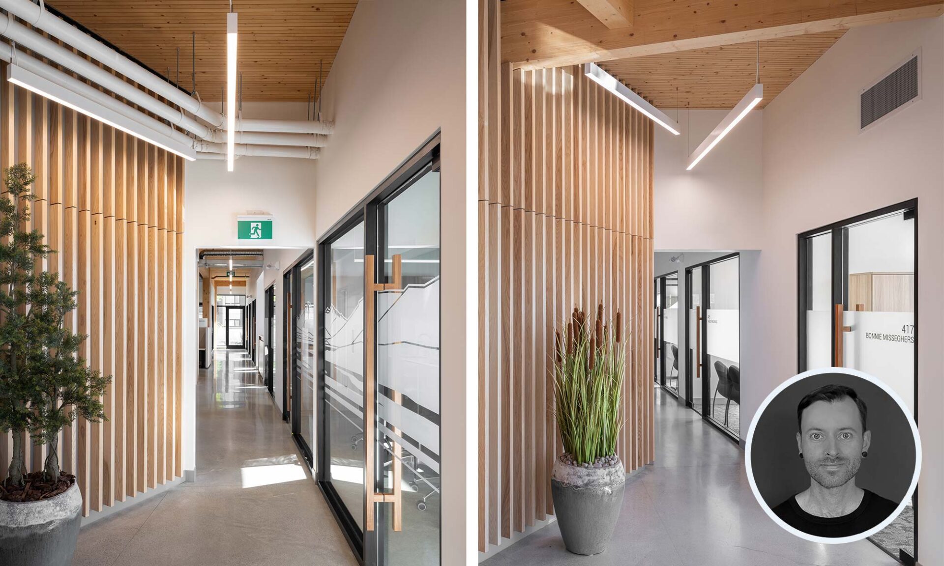 SDA interior workspace with natural wood finishes and architectural lighting.