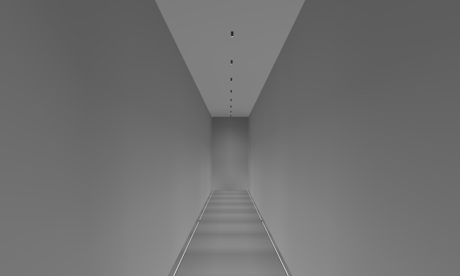 Render combining ceiling spotlights with in-ground uplights to layer light and add visual drama in a corridor