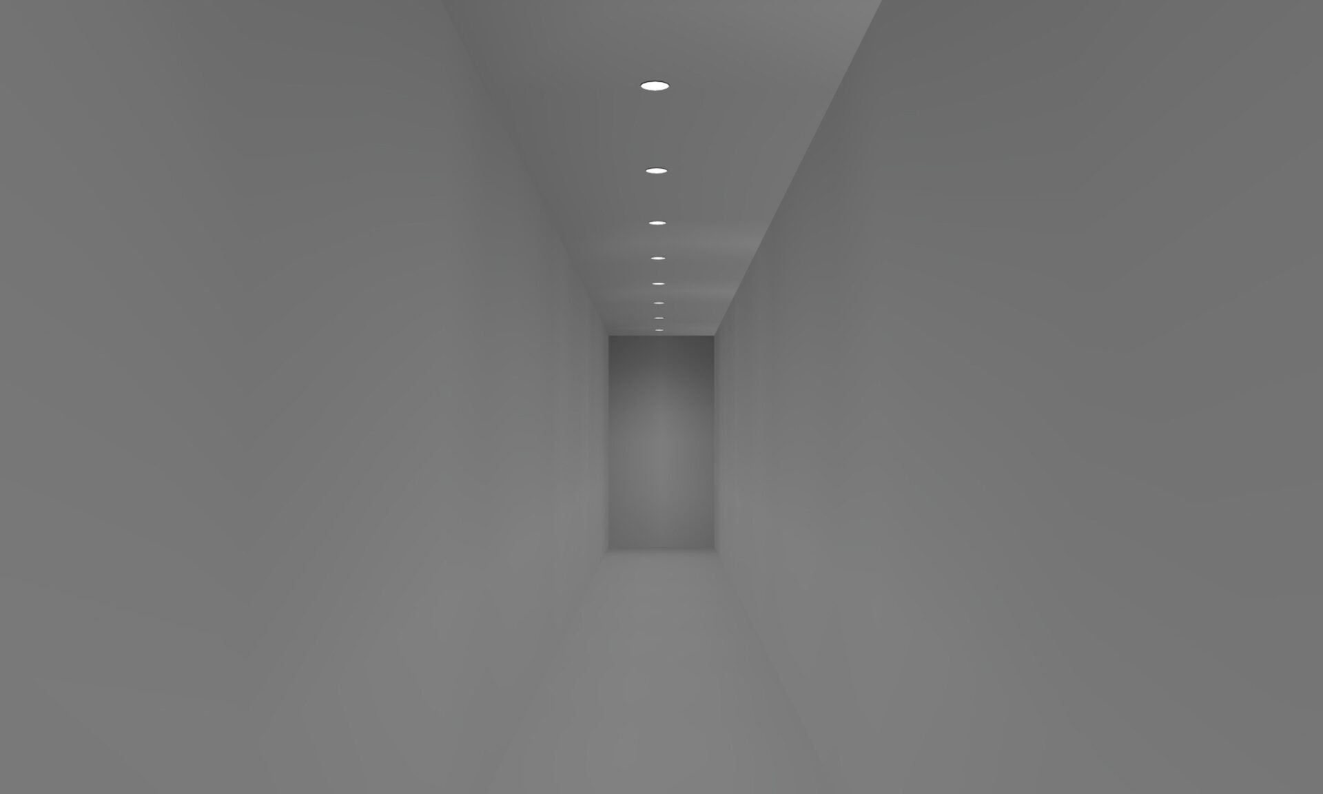 Render of a corridor lit with recessed downlights, showing a simple, uniform lighting layout.