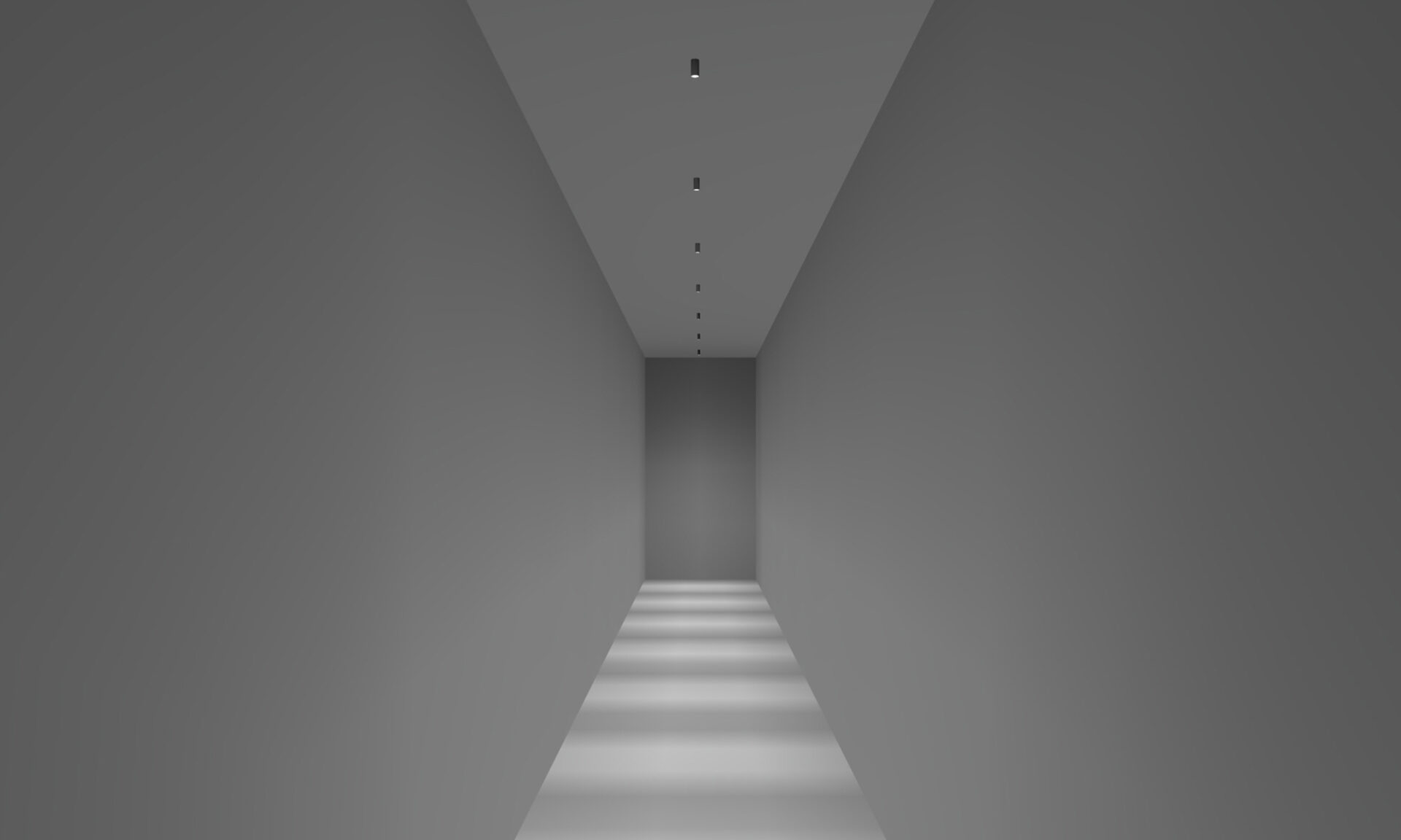 Render of narrow spotlights creating focused pools of light along the corridor floor for a dramatic effect.