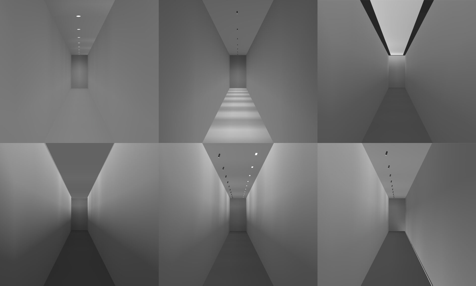 Render showing one corridor in six different lighting styles to compare mood and brightness.
