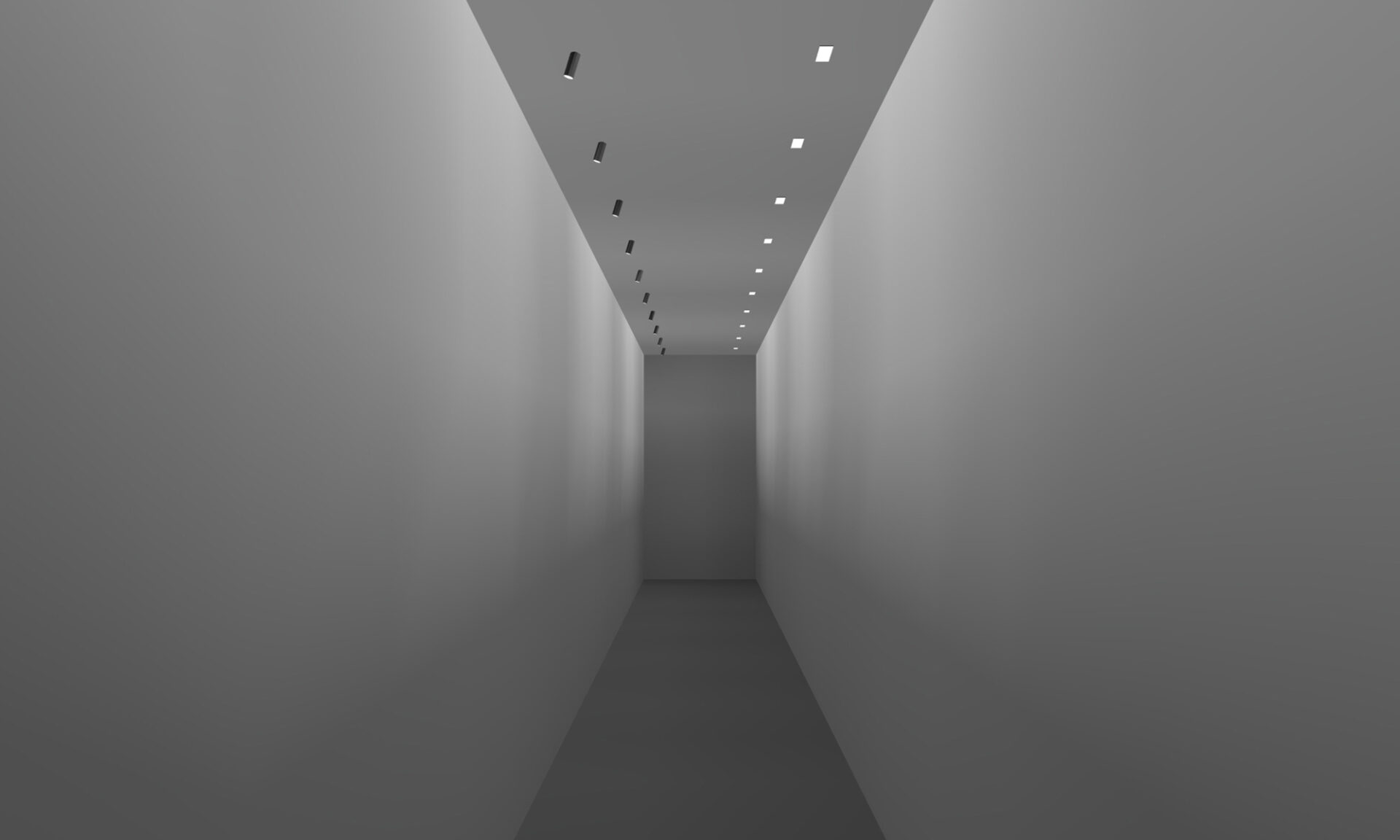 Render comparing two wall-wash fixture styles that create an even spread of light down corridor walls.