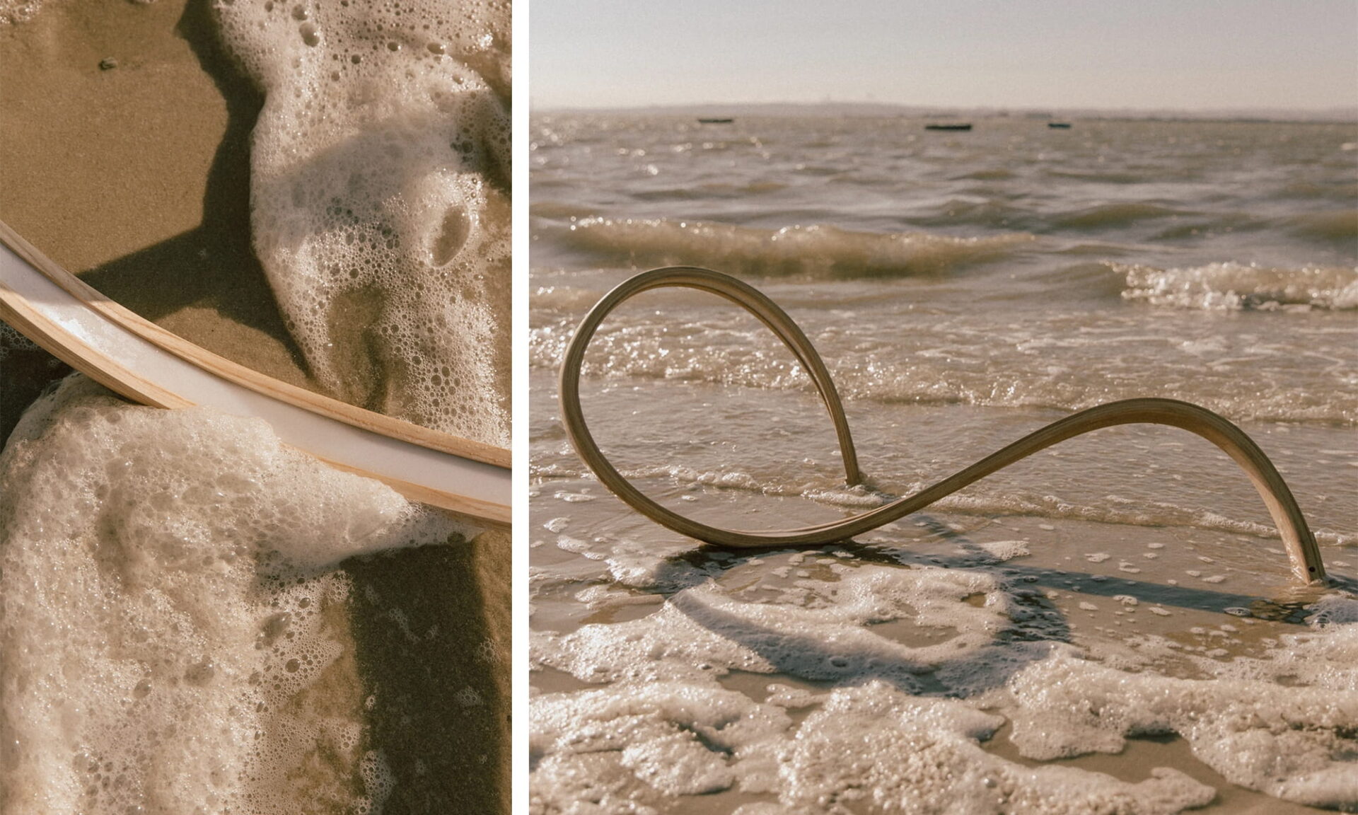 Poémia wooden pendant light with smooth, flowing curves, handcrafted in Portugal and photographed in the ocean.