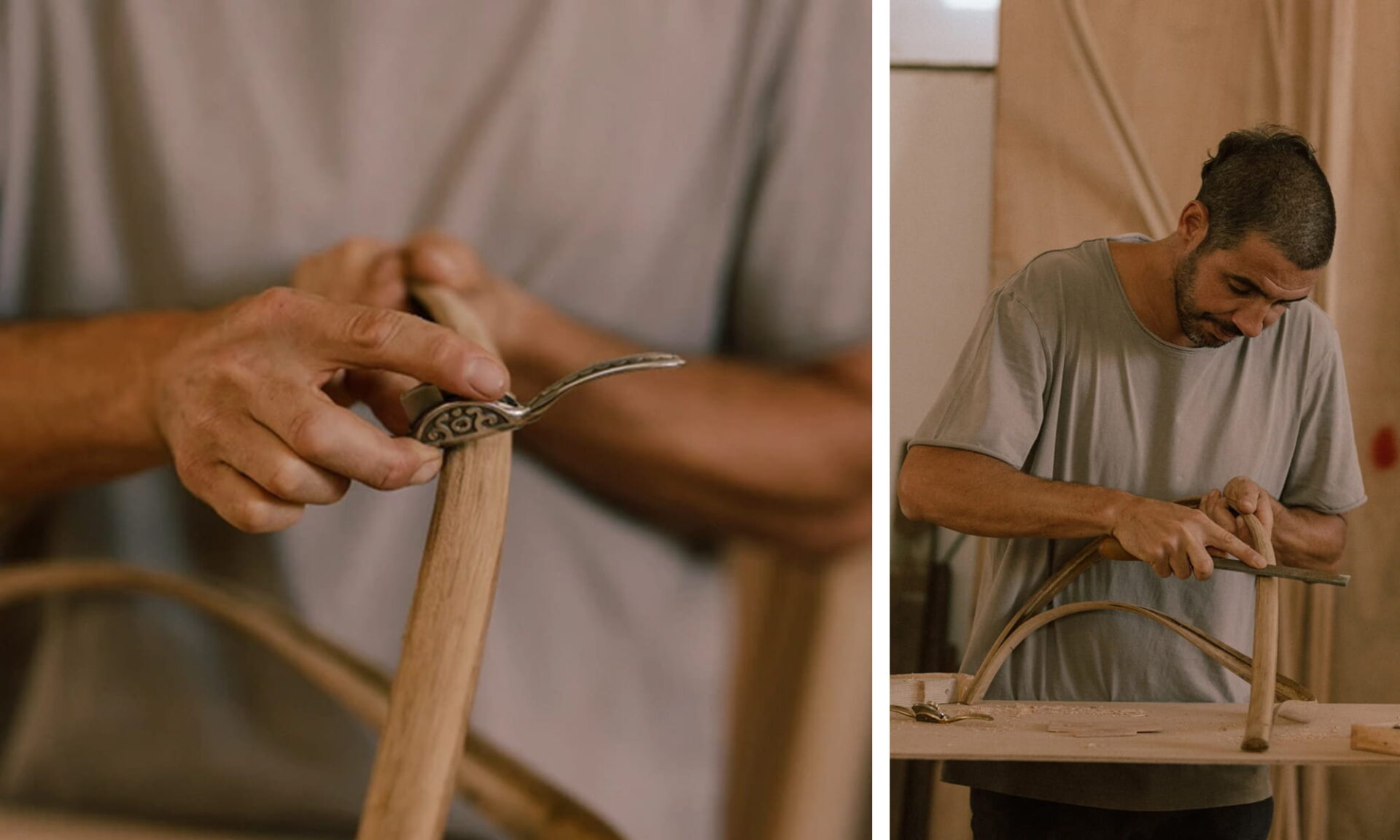 Poémia founder Ricardo Costa uses an ancestral wood-molding technique to shape the fixture’s curved wooden slats by hand during the crafting process.