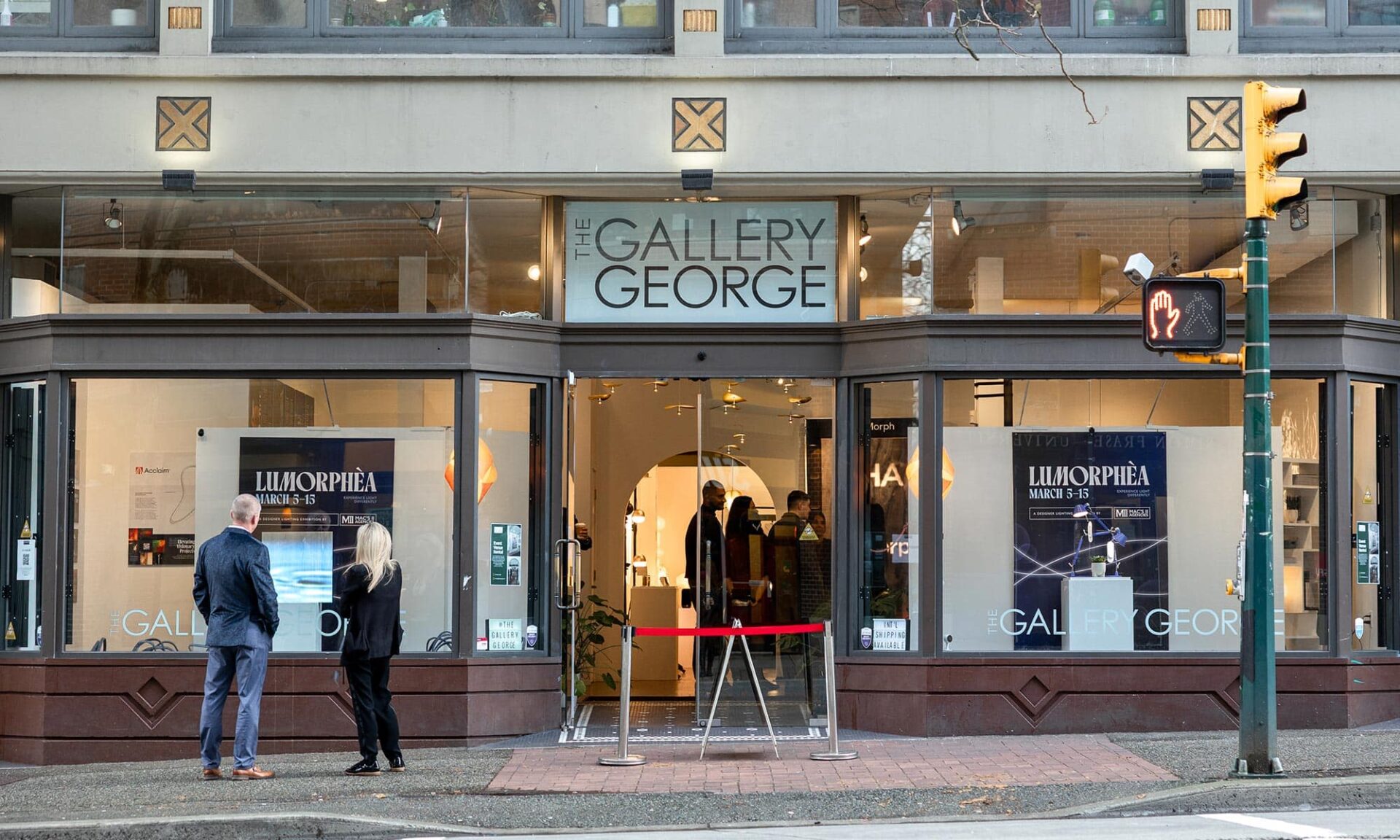 Wide interior photo from Lumorphéa at The Gallery George in downtown Vancouver, showing illuminated lighting displays and exhibit lighting scenes during Mac’s II Agencies’ designer lighting exhibition.