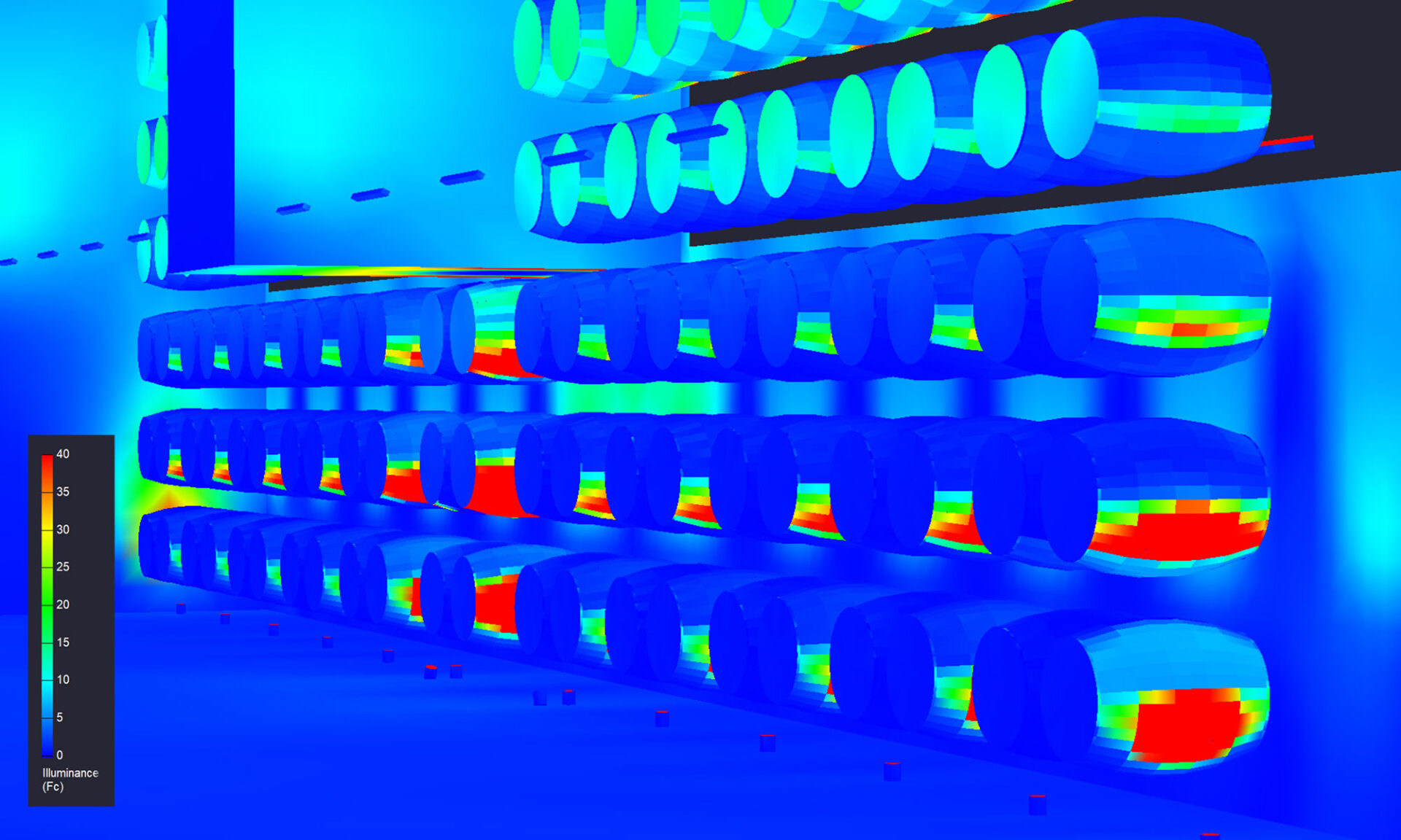 Pseudo heat map view of lighting on the lower barrel wall in Unsworth Vineyards’ VIP room, showing light distribution and intensity across the feature.
