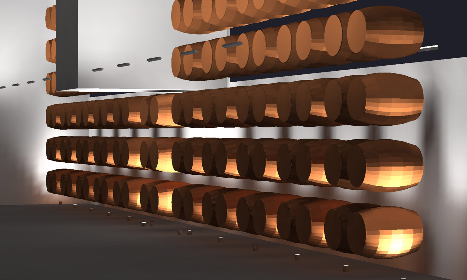Angled render of the lower section of the barrel wall in Unsworth Vineyards’ VIP room, illustrating the intended lighting effect on the feature.